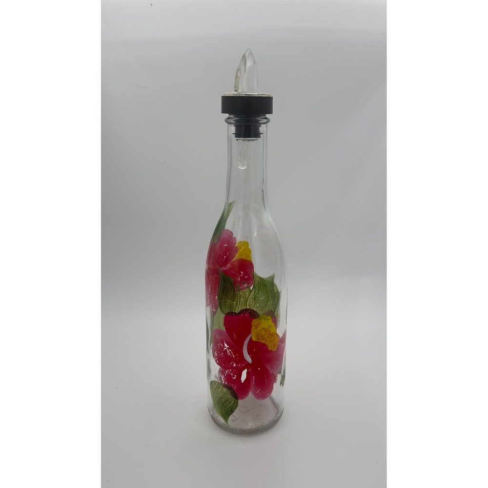 Hand Painted Hibiscus Glass Oil and Vinegar Cruet Bottle with Pourer 12.7 oz